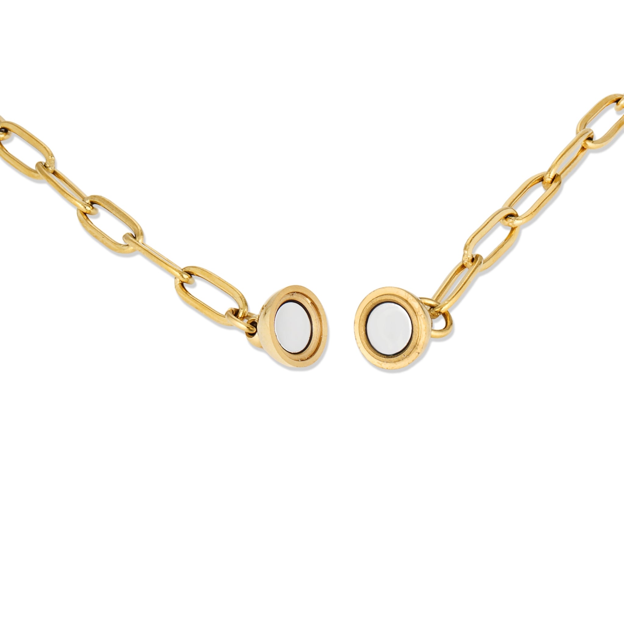 A gold paperclip chain necklace with the Onetouch magnetic clasp shown on a plain white background.