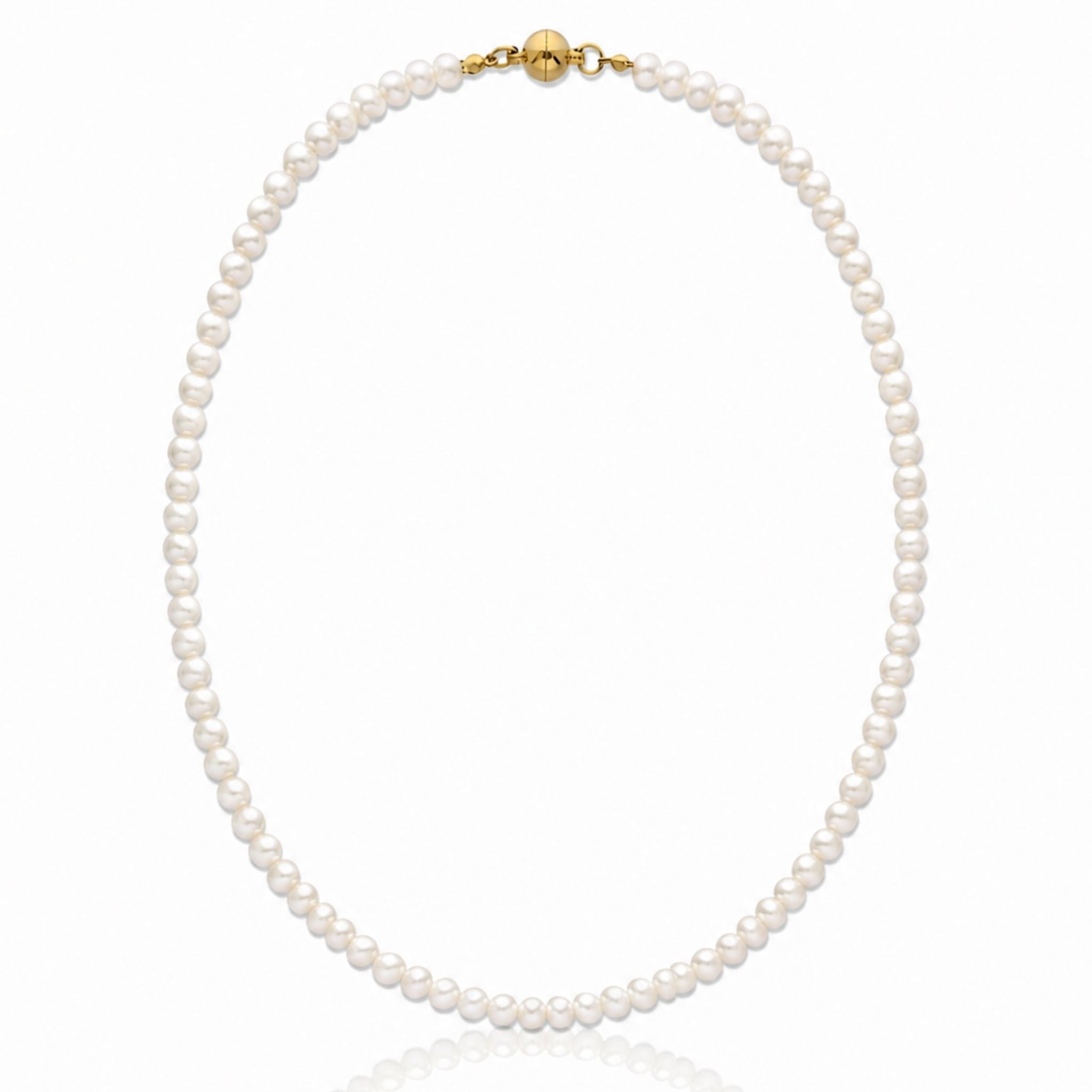 A classic single-strand pearl necklace with white pearls and a gold clasp, displayed on a clean white background with a subtle reflection.