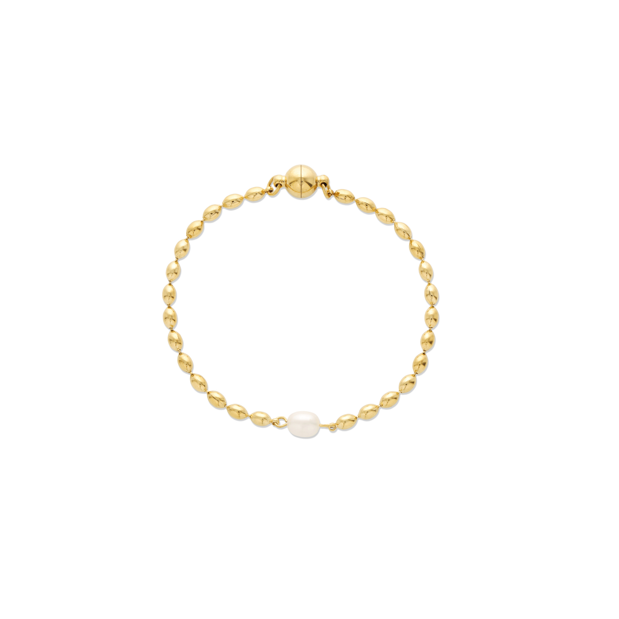 A delicate gold chain bracelet featuring a single freshwater pearl and a onetouch magnetic clasp, displayed on a clean white background.