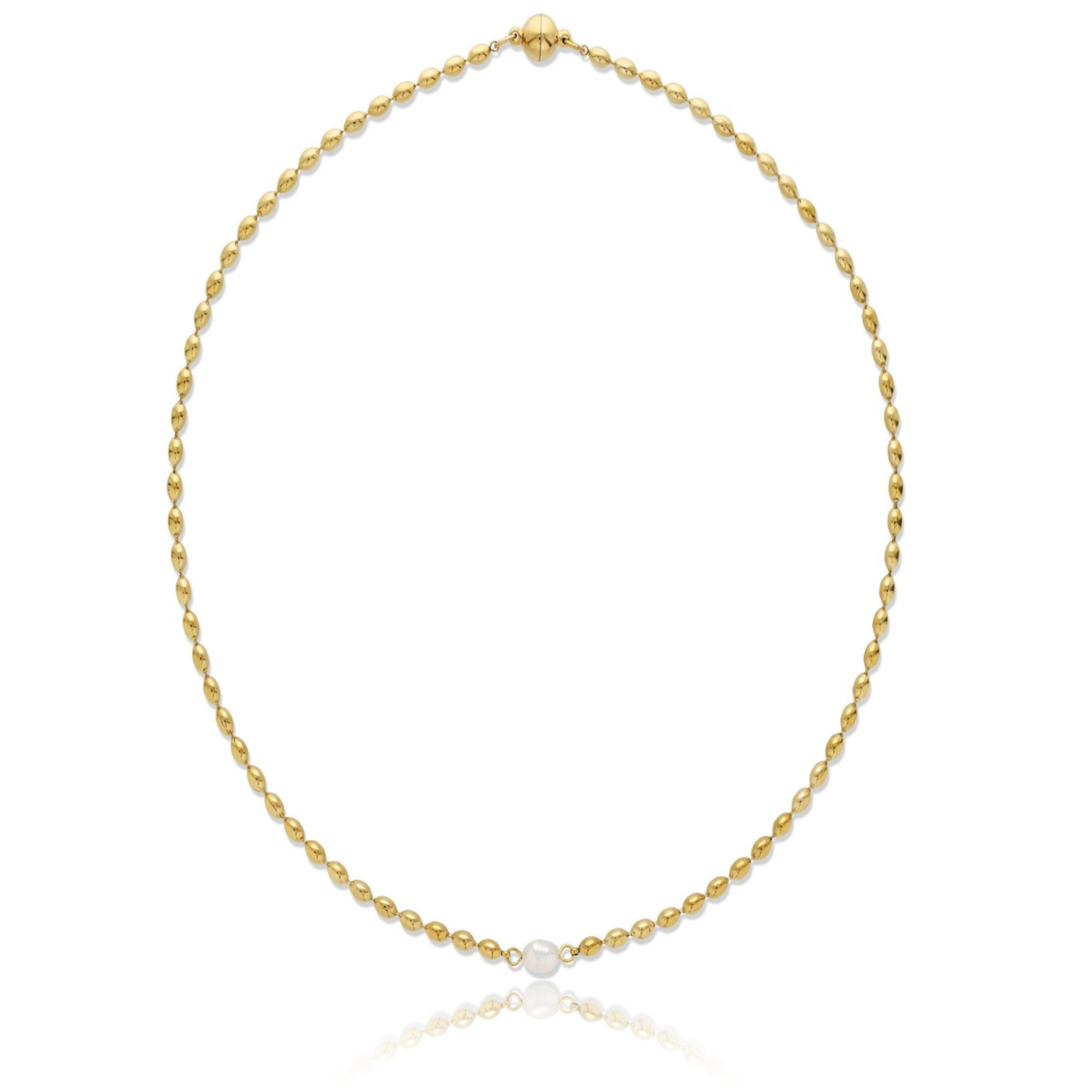 A delicate yellow gold chain necklace with a single small white freshwater pearl at the center, displayed on a clean white background with a subtle reflection below.