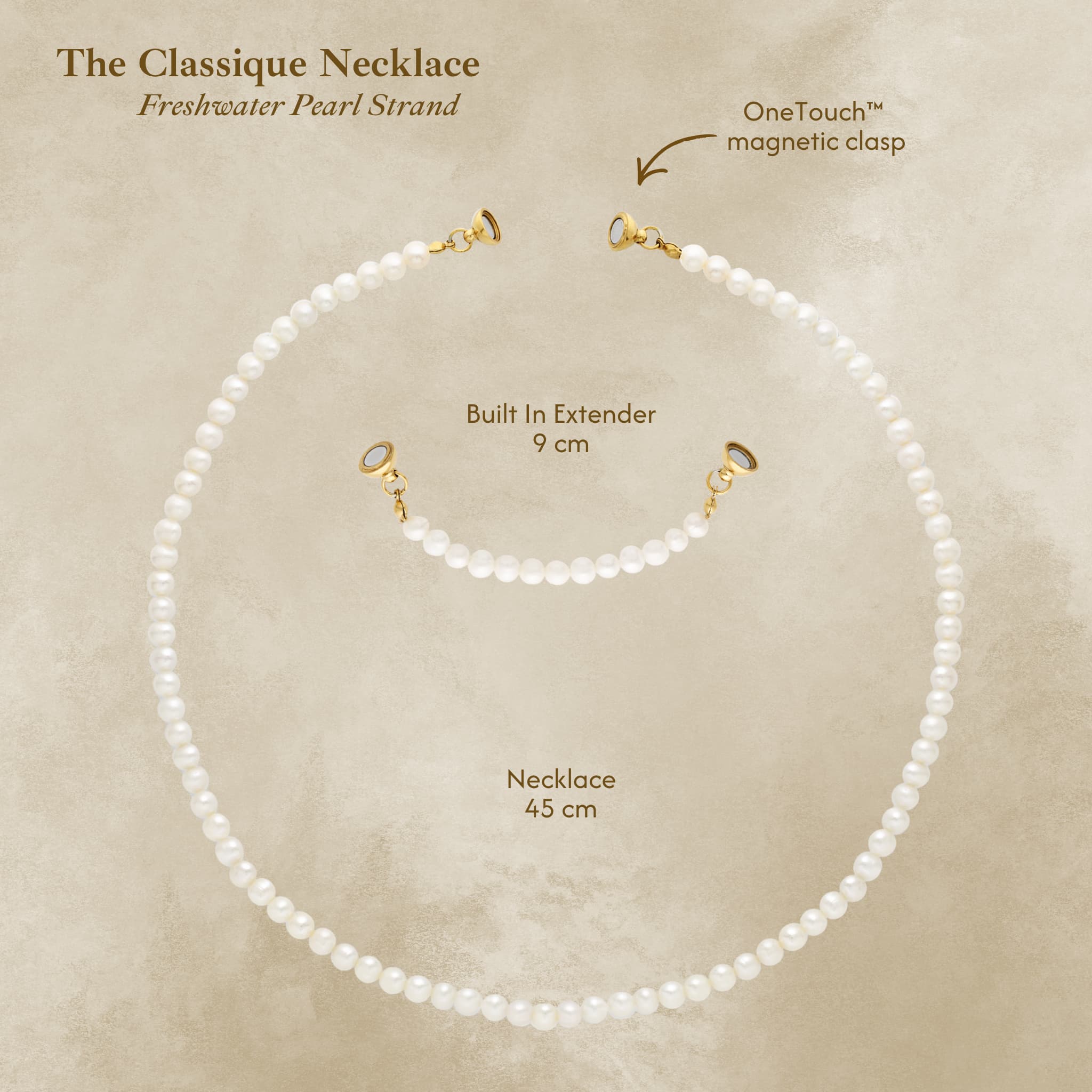 Pearl necklace with Avean OneTouch™ magnetic clasp and extender