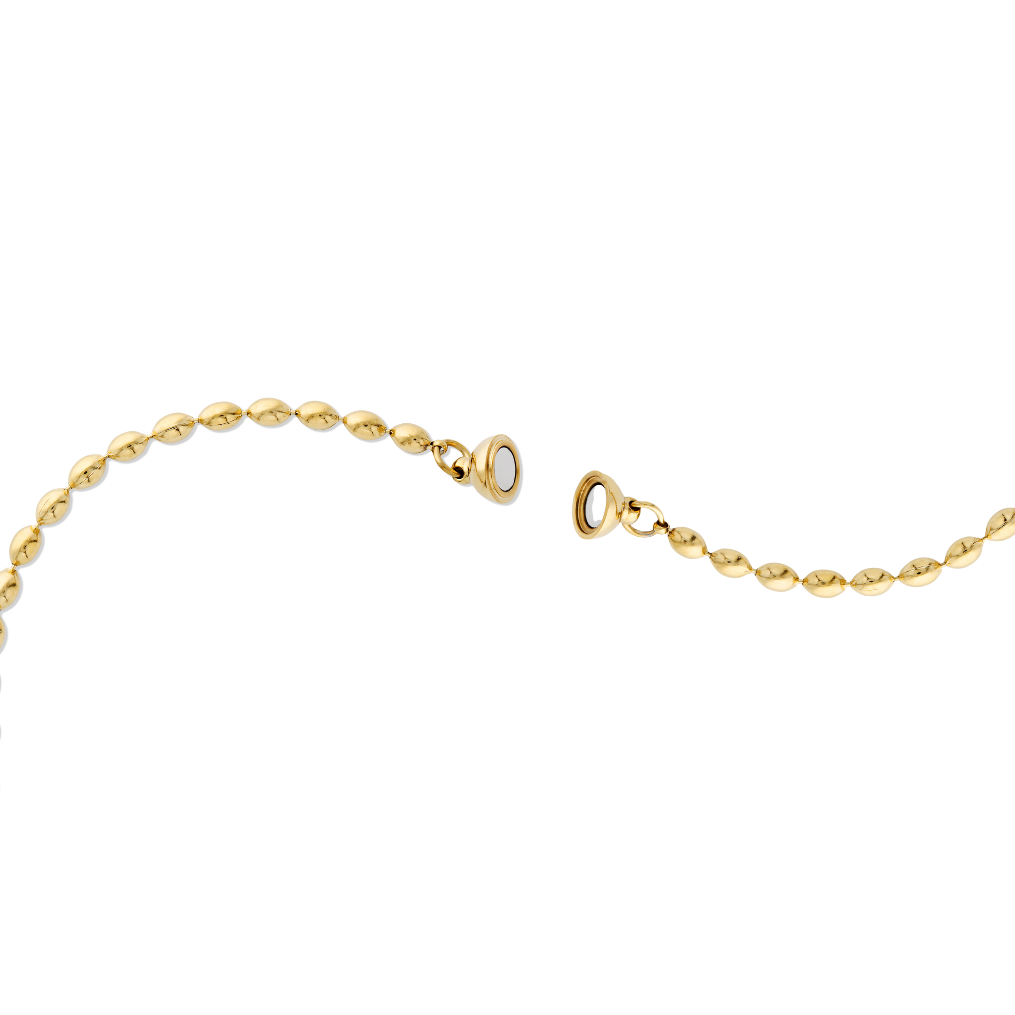 A close-up of a gold chain necklace showing the onetouch magnetic clasp mechanism against a plain white background.