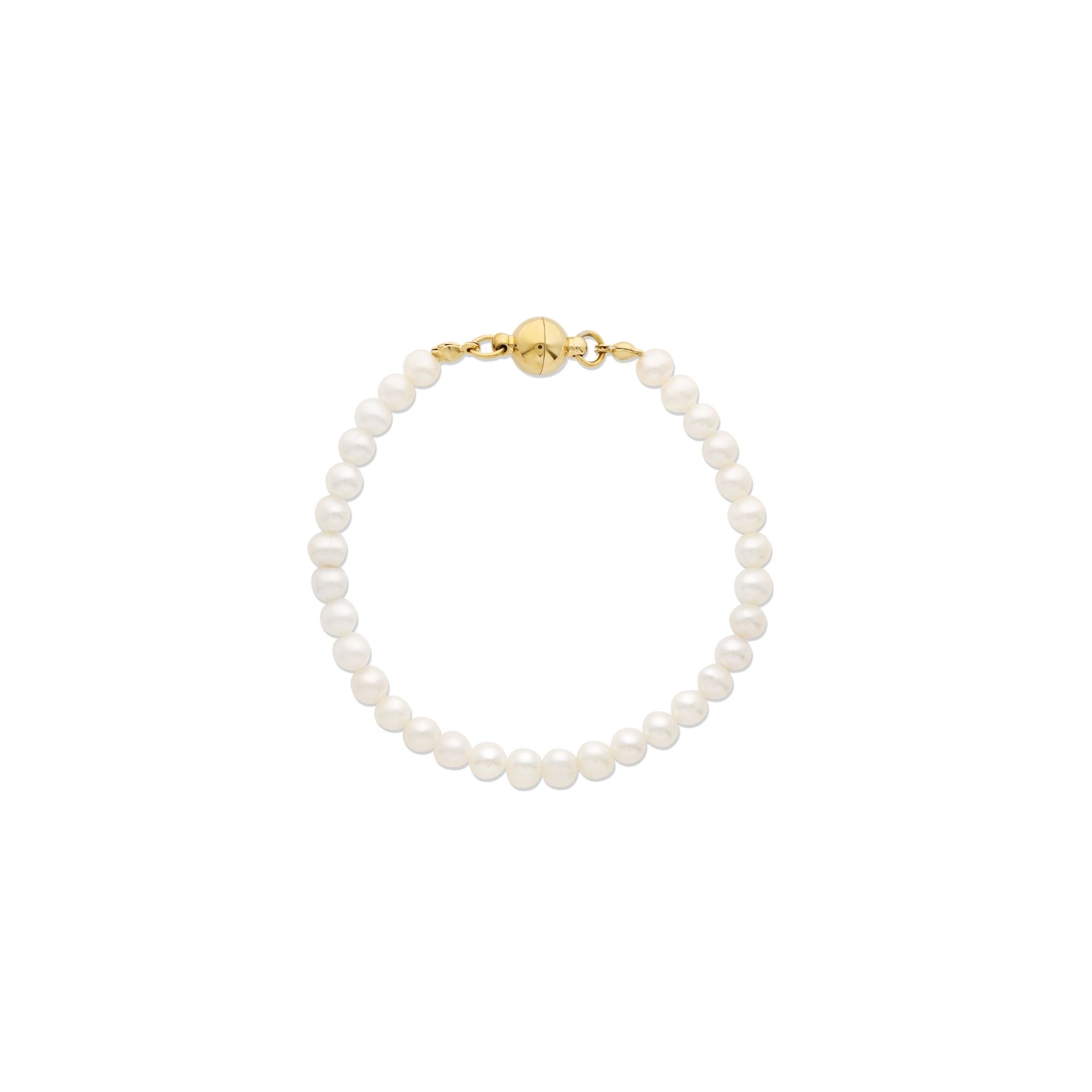A delicate pearl bracelet with a gold clasp, displayed on a clean white background.