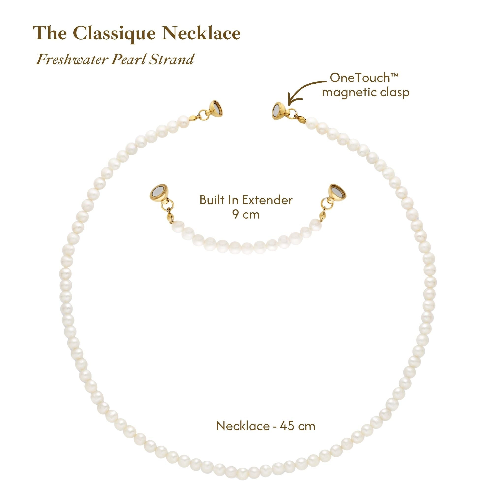 White freshwater pearl necklace with gold-tone hardware, shown on a white background with text labels indicating the necklace length, built-in extender, and OneTouch magnetic clasp.