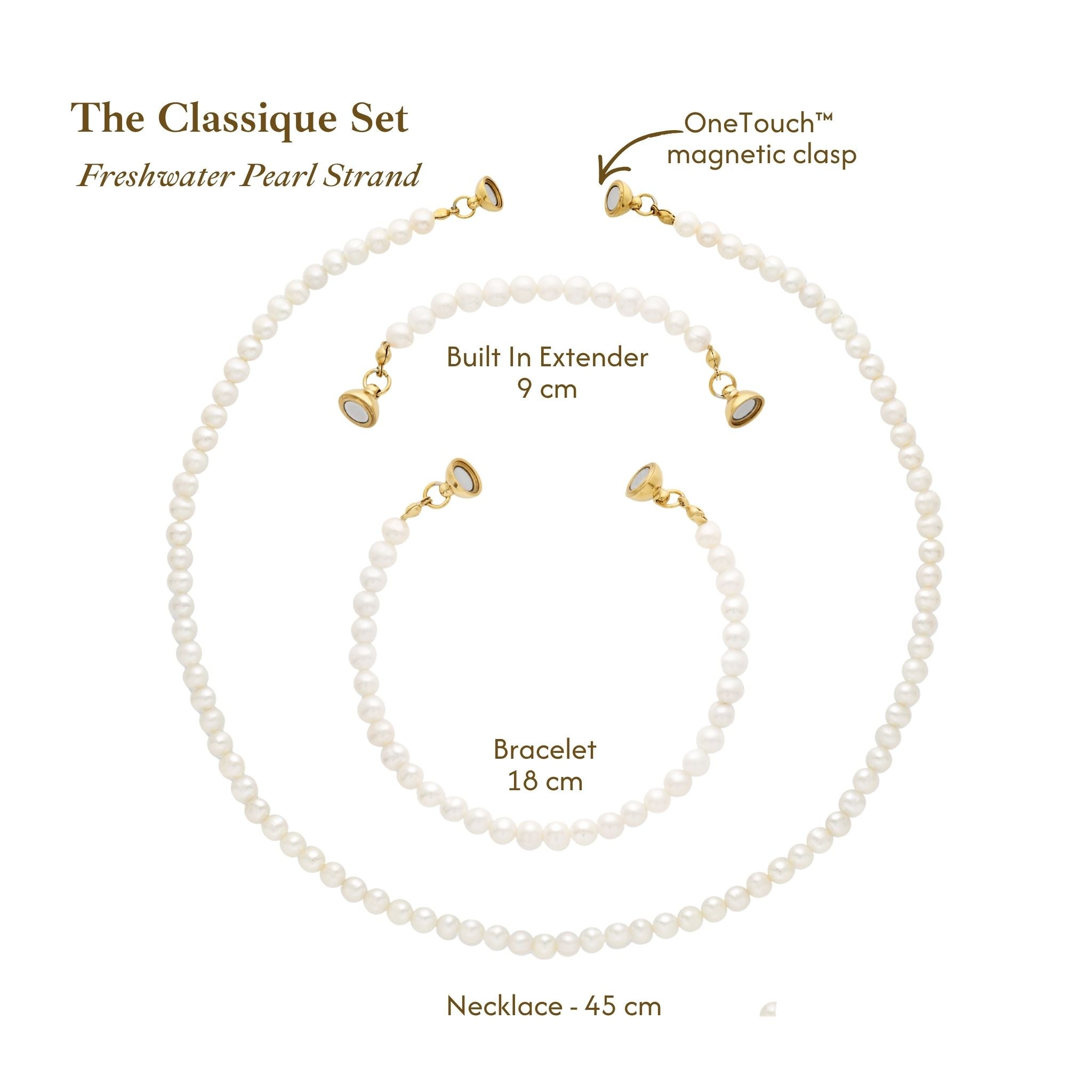 White freshwater pearl strand jewelry set with gold-tone clasp and built-in extender, shown as a necklace and bracelet on a white background with size labels.