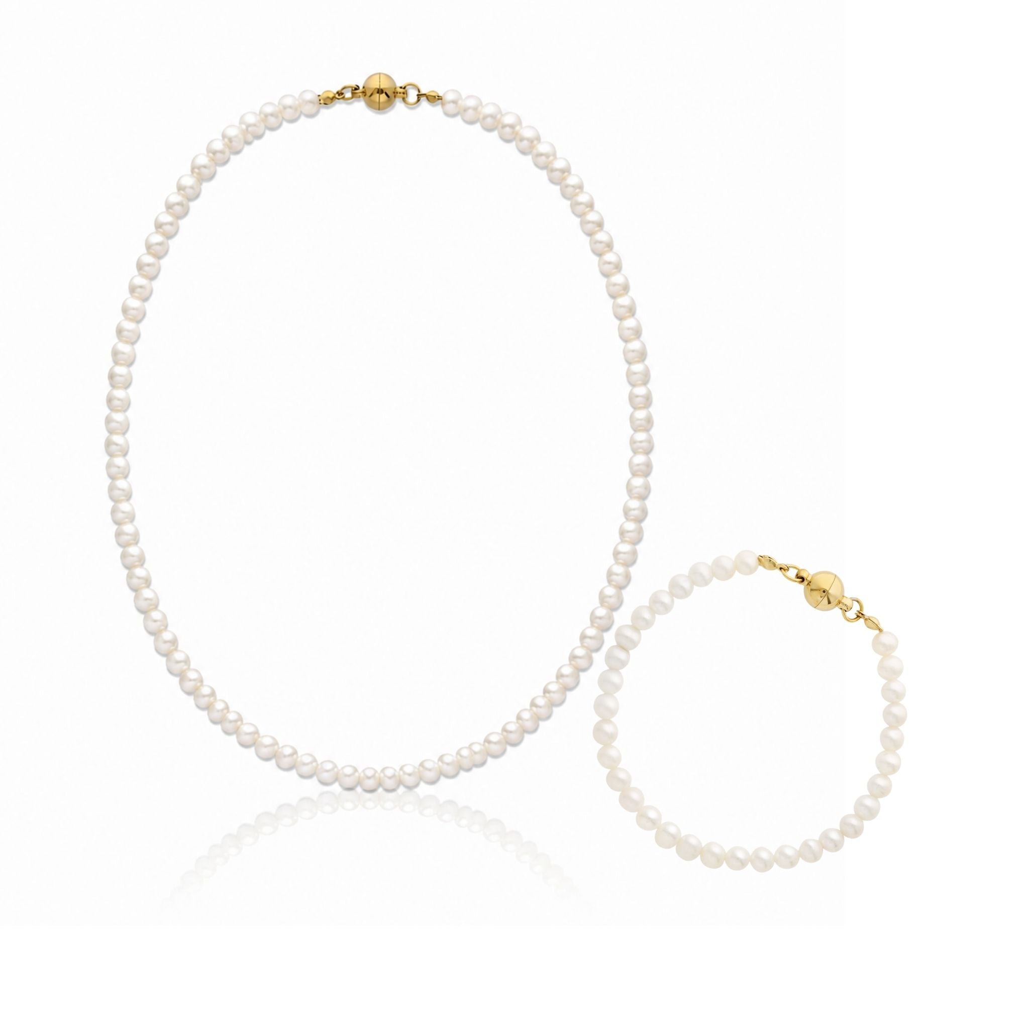 A pearl necklace and matching pearl bracelet with gold-tone clasp hardware, displayed on a clean white background with a soft reflection below.