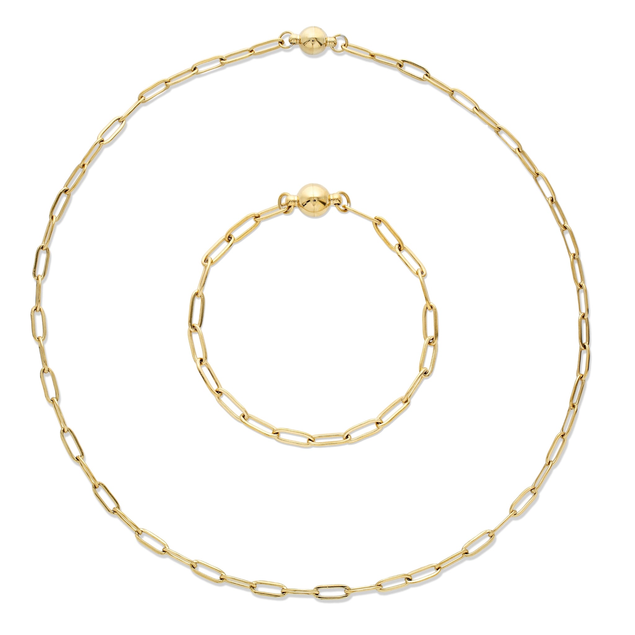 A gold paperclip chain necklace and matching bracelet set, displayed on a clean white background.