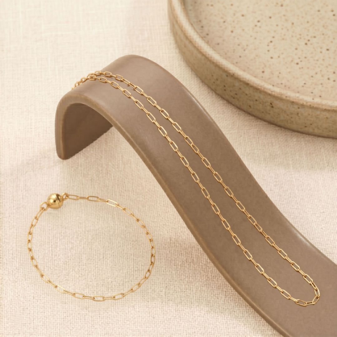 14kt PVD gold linear chain necklace and bracelet set with magnetic clasp