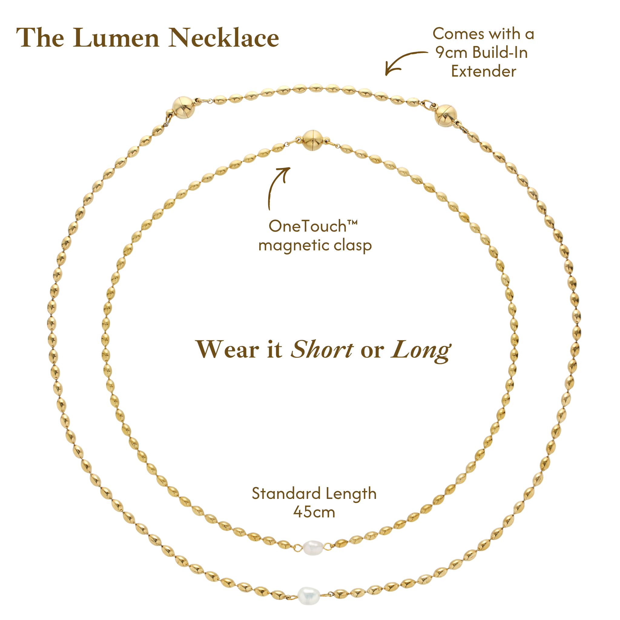 The Lumen Necklace,' 'Comes with a 9cm Build-In Extender,' 'OneTouch magnetic clasp,' 'Wear it Short or Long,' and 'Standard Length 45cm.'.