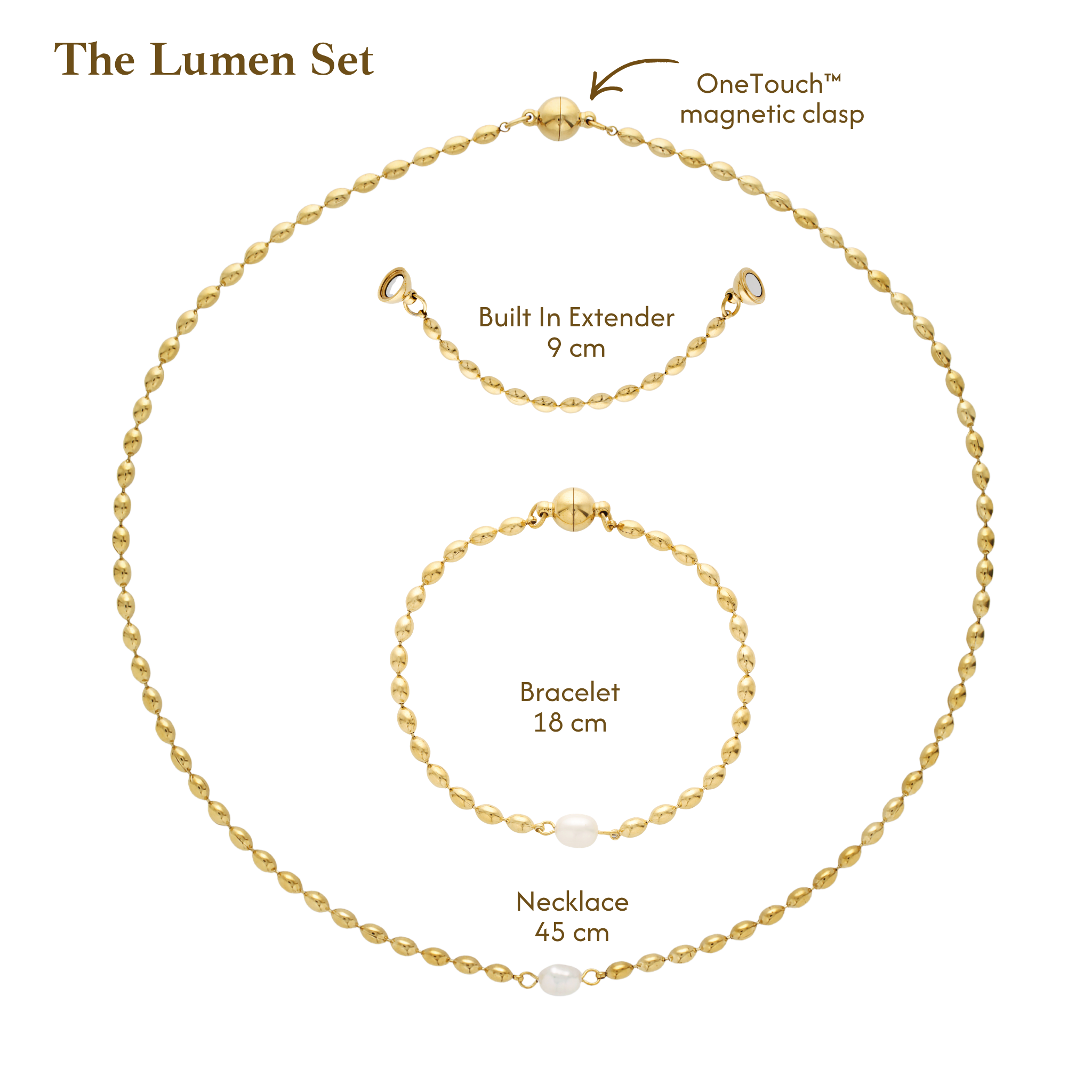 Gold chain with freshwater pearl accent necklace and bracelet set on a white background with text labels showing measurements and features: necklace 45 cm, bracelet 18 cm, built-in extender 9 cm, and a OneTouch magnetic clasp.