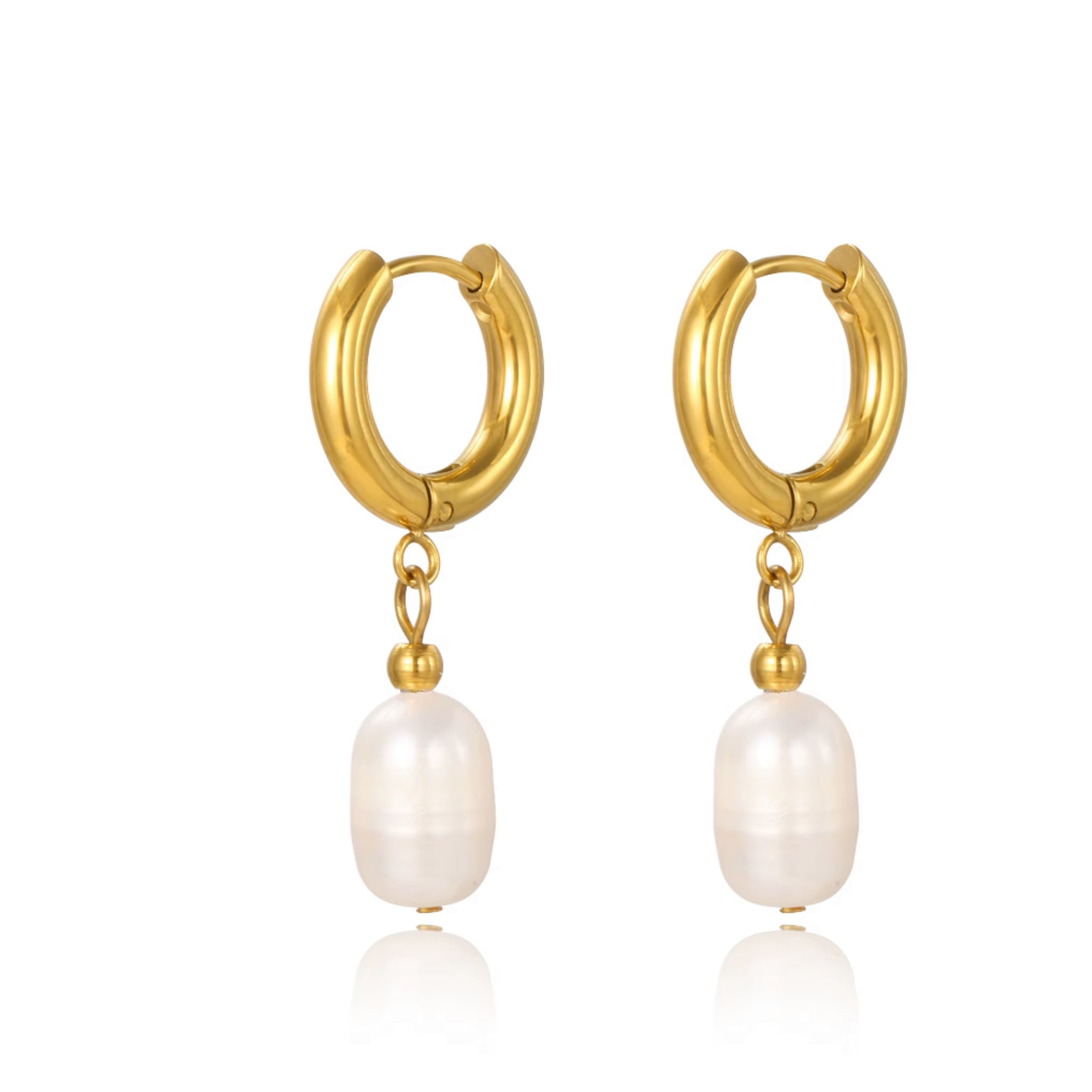 A pair of gold hoop drop earrings with a dangling white freshwater pearl, shown on a clean white background with a subtle reflection.