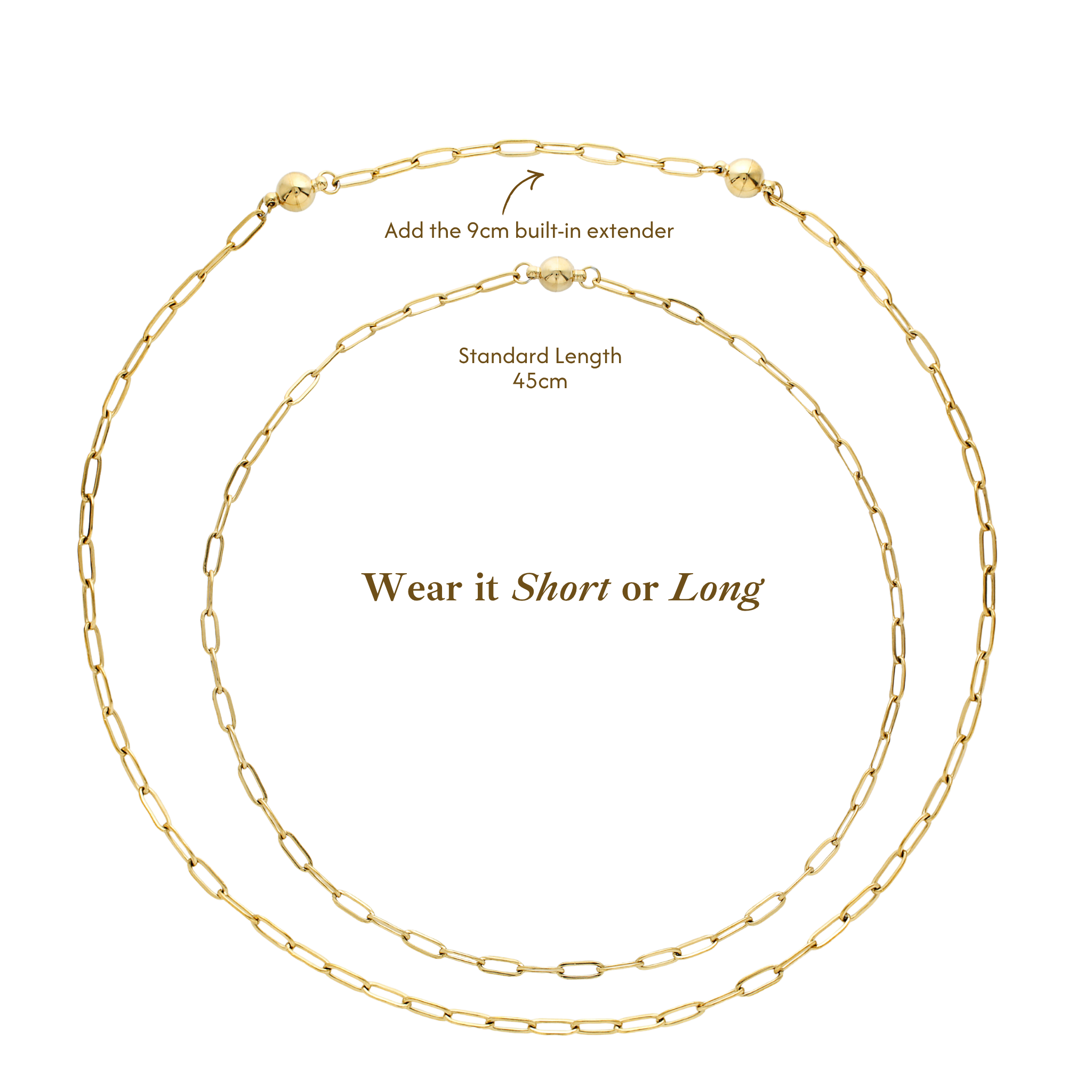 Gold paperclip chain necklace shown in two loops on a white background, with text indicating a standard length of 45cm and an option to add a 9cm built-in extender.
