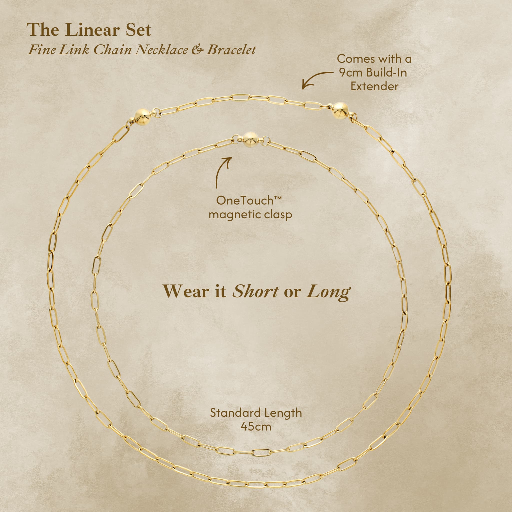 Avean OneTouch™ magnetic clasp on Linear fine link necklace with build-in extender