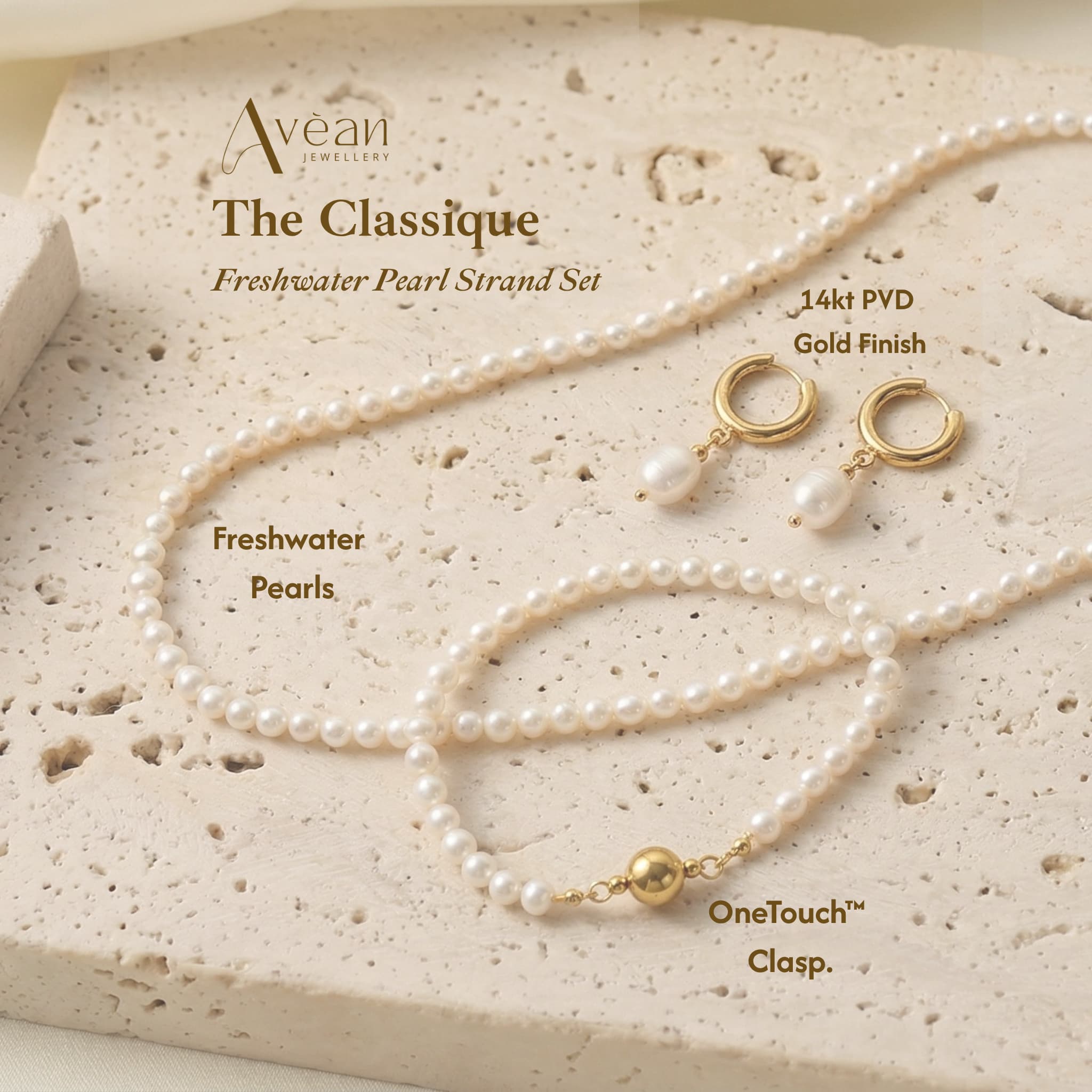 Woman wearing The Classique freshwater pearl set with OneTouch™ magnetic clasp by Avean Jewellery