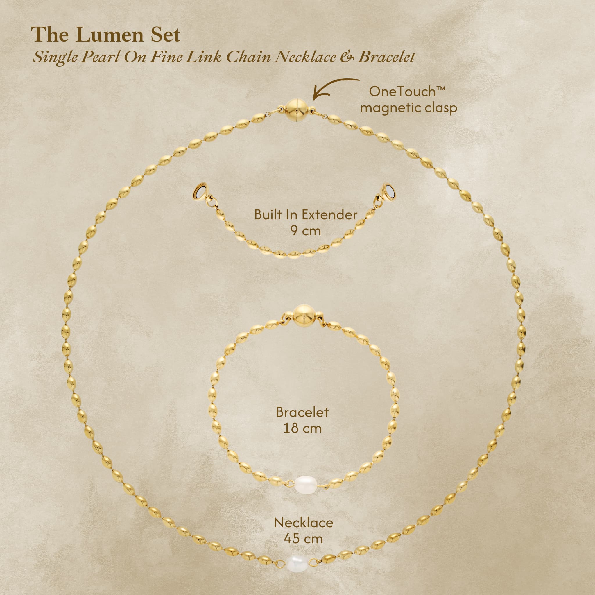 Woman wearing The Lumen single pearl on chain necklace and bracelet by Avean Jewellery