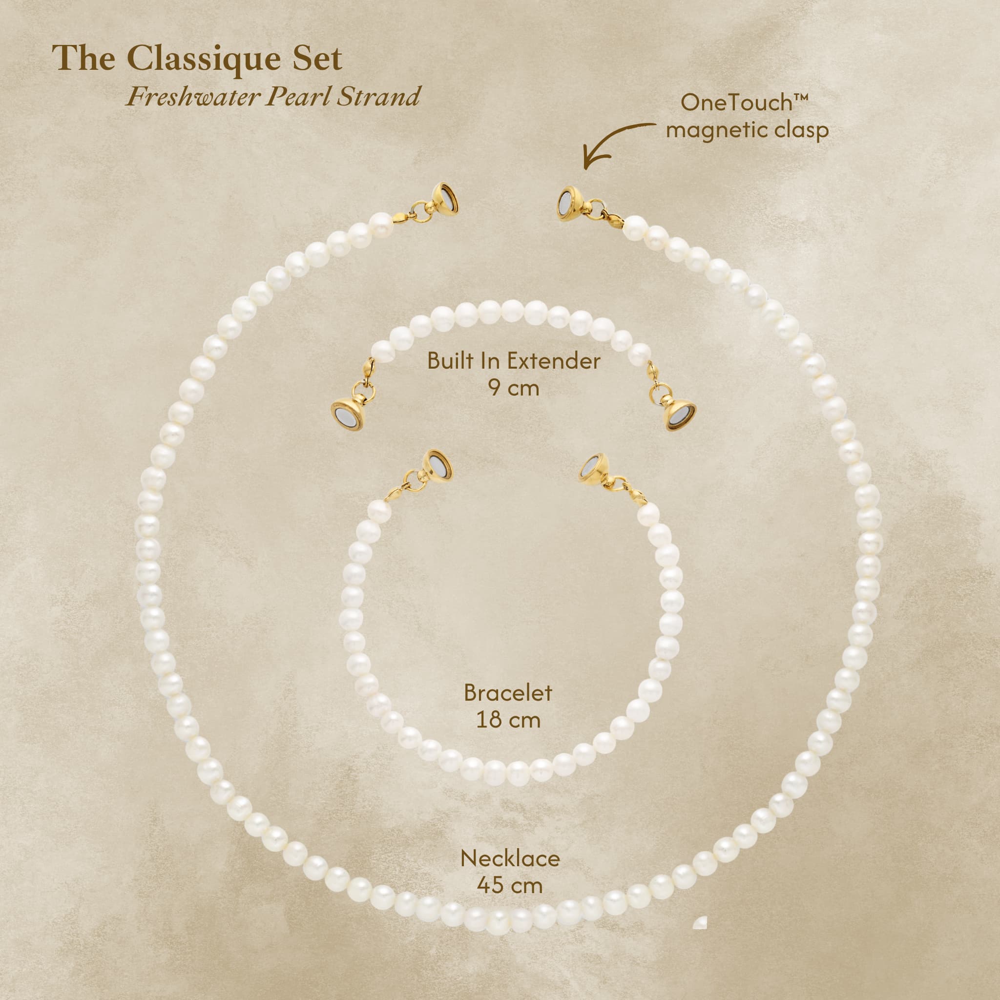 Avean Jewellery OneTouch™ magnetic clasp on freshwater pearl necklace and bracelet